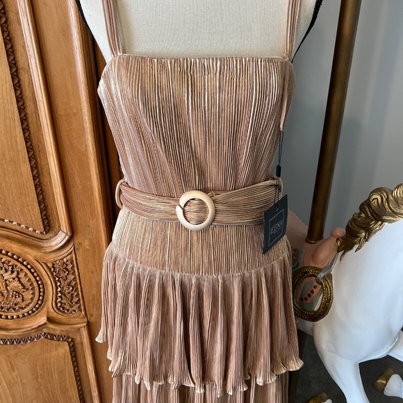 NWT Mac Duggal [6] 27062 Tea-Length Maxi Gold Ruffle Tiered Dress Metallic - Picture 5 of 11